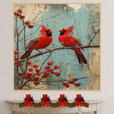 Rustic Retro Painting of Two Cardinals on a Branch with Red Winter Berries and Distressed Blue Background Perfect for Holiday Decor or Bird Lover Gift on Ready to Hang 1.5" Thick Canvas Wrap, Floating Framed Canvas, Flat Rolled Canvas